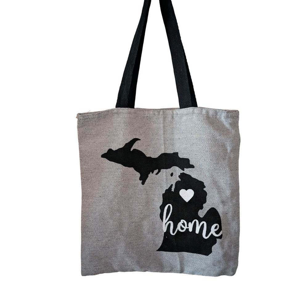 Michigan Home State Tote Bag Gray Canvas Burlap Style Black Straps Heart Graphic